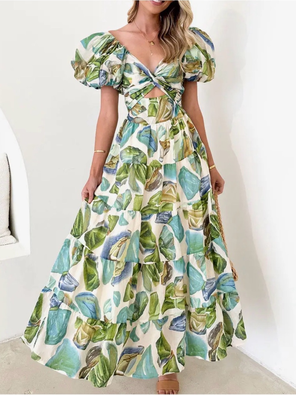 Floral Leaf Print Puff-Sleeve Maxi Dress in Green & Blue